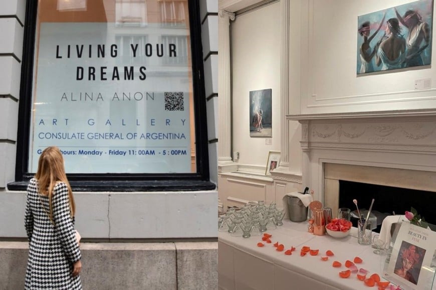 Alina Añón, artista plástica nacida en Santa Fe: La artista frente al cartel de su muestra personal en el Consulado Argentino en Nueva York; el interior de la muestra, con la barra decorada para la ocasión.