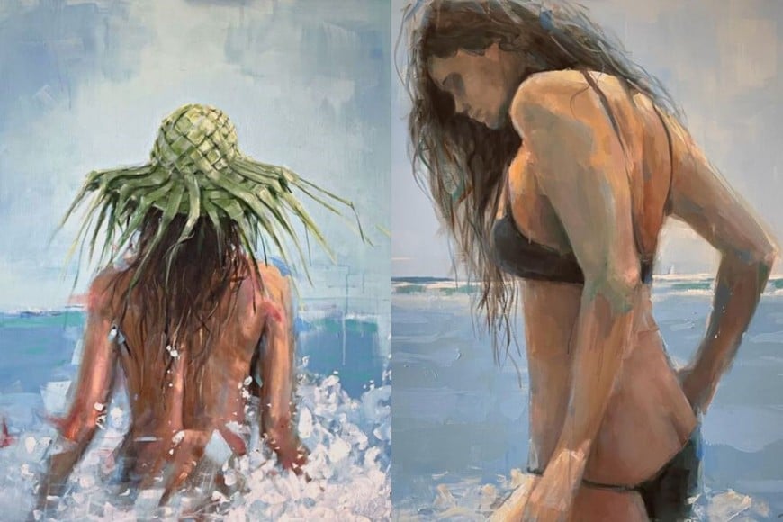 Alina Añón, artista plástica nacida en Santa Fe: “Suspiro del mar” y “El mar y yo”, dos óleos de la serie “Girl in the Ocean”.