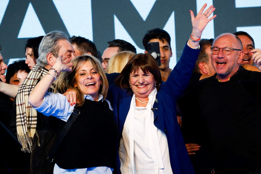 Argentine presidential pre-candidate Patricia Bullrich of Juntos por el Cambio alliance, reacts on stage after her win at her campaign headquarters during a primary election night event, in Buenos Aires, Argentina August 13, 2023. REUTERS/Agustin Marcarian