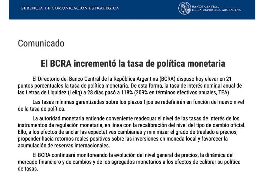 El comunicado del Banco Central de la República Argentina.