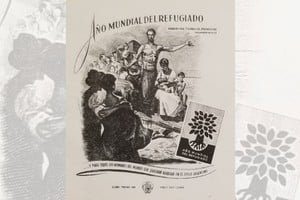 Reproducción del cuadro de Antonio Alice denominado "Argentina tierra de promisión", que es una alegoría de la apertura de la Argentina al mundo expresada en el Preámbulo de la Constitución Nacional.