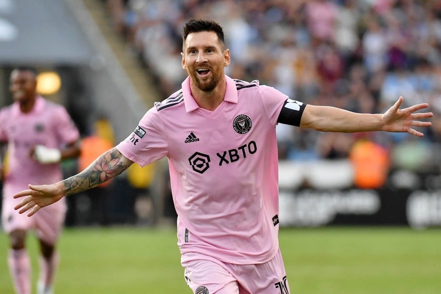 Aug 15, 2023; Chester, PA, USA; Inter Miami CF forward Lionel Messi (10) celebrates after scoring a goal against the Philadelphia Union during the first half at Subaru Park. Mandatory Credit: Eric Hartline-USA TODAY Sports