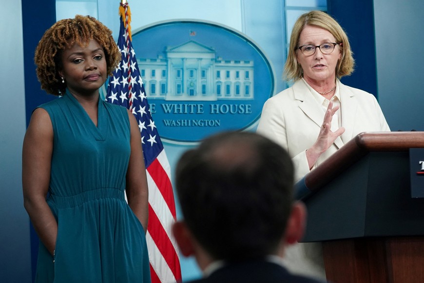 U.S. Federal Emergency Management Agency (FEMA) administrator Deanne Criswell speaks to reporters about the Maui wildfires,  as White House press secretary Karine Jean-Pierre stands beside, during a press briefing at the White House in Washington, U.S., August 16, 2023. REUTERS/Kevin Lamarque