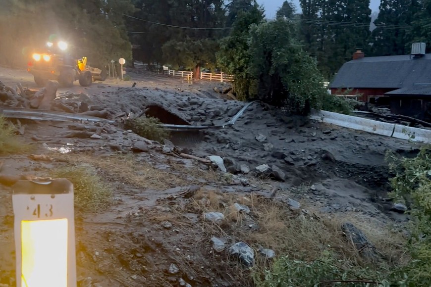 A view of gushing flood water and a damaged road during Tropical Storm Hilary in Oak Glen, California, U.S. August 20, 2023 in this screengrab obtained from a social media video. Roger Seheult/via REUTERS  THIS IMAGE HAS BEEN SUPPLIED BY A THIRD PARTY. MANDATORY CREDIT. NO RESALES. NO ARCHIVES.