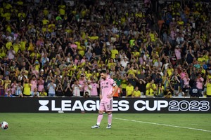 Aug 19, 2023; Nashville, TN, USA; Inter Miami forward Lionel Messi (10) gets ready to shoot the ball in a penalty shoot out for the Leagues Cup Championship match against Nashville SC at GEODIS Park. Mandatory Credit: Christopher Hanewinckel-USA TODAY Sports
