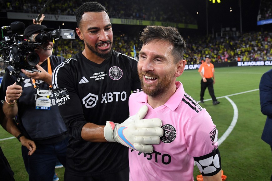 Aug 19, 2023; Nashville, TN, USA; Inter Miami forward Lionel Messi (10) reacts with goalkeeper Drake Callender (1) after winning the Leagues Cup Championship match against Nashville SC at GEODIS Park. Mandatory Credit: Christopher Hanewinckel-USA TODAY Sports