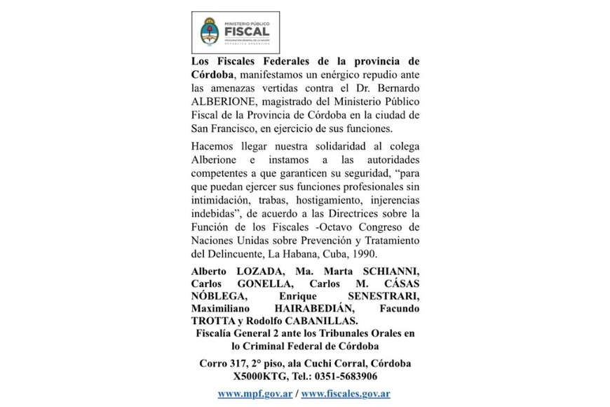 El mensaje de los Fiscales Federales de la provincia de Córdoba.