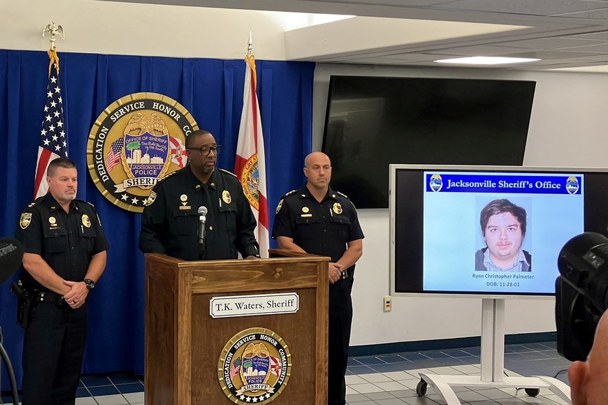 The photograph of Ryan Christopher Palmeter, 21, is shown at a news conference after being identified by Sheriff T.K. Waters as the white man who killed three Black people before shooting himself at a Dollar General store August 26, in what local law enforcement described as a racially motivated crime in Jacksonville, Florida, U.S. August 27, 2023.  Jacksonville Sheriff’s Office/Handout via REUTERS. 
THIS IMAGE HAS BEEN SUPPLIED BY A THIRD PARTY.