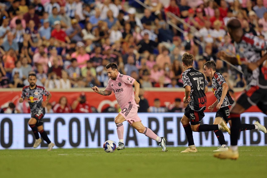 Aug 26, 2023; Harrison, New Jersey, USA; Inter Miami CF forward Lionel Messi (10) dribbles the ball against the New York Red Bulls during the second half at Red Bull Arena. Mandatory Credit: Brad Penner-USA TODAY Sports