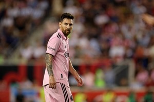 Aug 26, 2023; Harrison, New Jersey, USA; Inter Miami CF forward Lionel Messi (10) looks on against the New York Red Bulls during the second half at Red Bull Arena. Mandatory Credit: Vincent Carchietta-USA TODAY Sports
