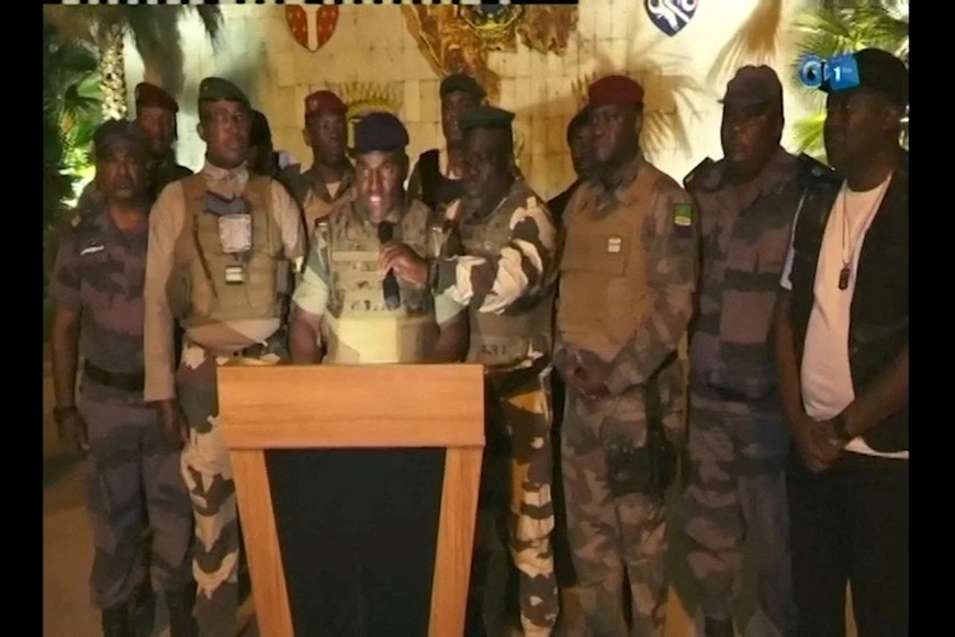 Gabonese military appear on television as they announce that they have seized power following President Ali Bongo Ondimba's re-election, in this screengrab obtained by Reuters on August 30, 2023. Gabon 1ere/Handout via REUTERS    THIS IMAGE HAS BEEN SUPPLIED BY A THIRD PARTY.     TPX IMAGES OF THE DAY