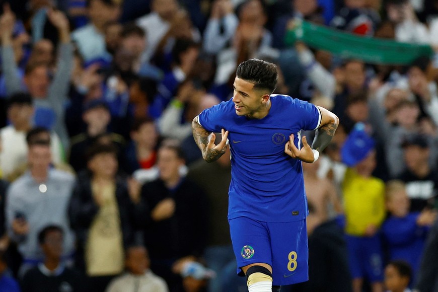 Soccer Football - Carabao Cup Second Round - Chelsea v AFC Wimbledon - Stamford Bridge, London, Britain - August 30, 2023
Chelsea's Enzo Fernandez celebrates scoring their second goal Action Images via Reuters/Peter Cziborra EDITORIAL USE ONLY. No use with unauthorized audio, video, data, fixture lists, club/league logos or 'live' services. Online in-match use limited to 75 images, no video emulation. No use in betting, games or single club	/league/player publications.  Please contact your account representative for further details.