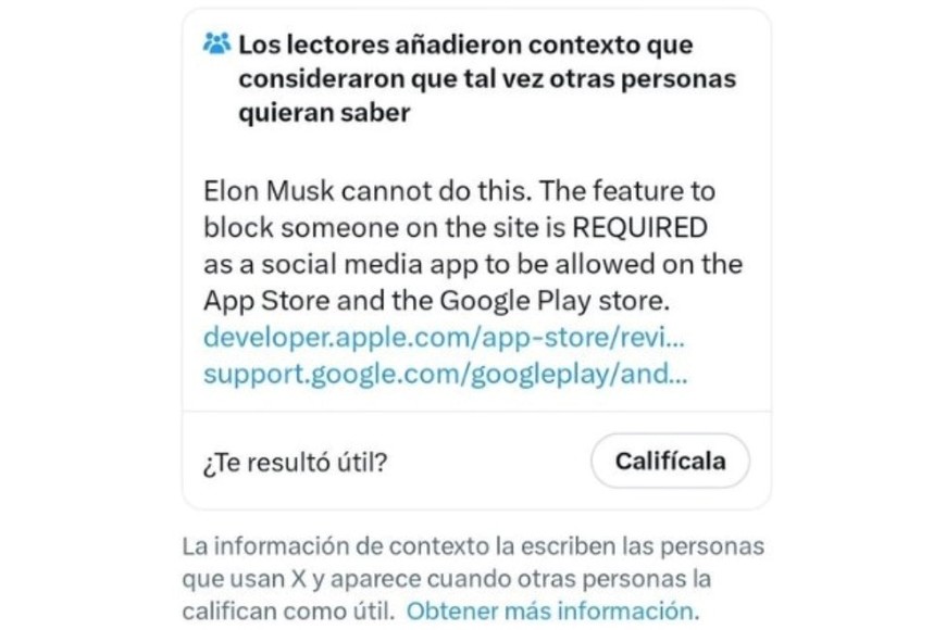 La Nota de Comunidad colocada debajo del tweet de Elon Musk sobre la posibilidad de eliminar los bloqueos.