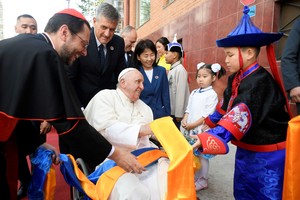 Pope Francis attends a welcome ceremony at the bishop's house during his Apostolic Journey, in Ulaanbaatar, Mongolia September 1, 2023.    Vatican Media/­Handout via REUTERS    ATTENTION EDITORS - THIS IMAGE WAS PROVIDED BY A THIRD PARTY.