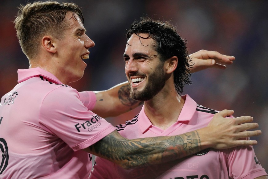 Aug 23, 2023; Cincinnati, OH, USA; Inter Miami forward Leonardo Campana (9) celebrate a goal with midfielder Robert Taylor (16) in the second half at TQL Stadium. Mandatory Credit: Katie Stratman-USA TODAY Sports