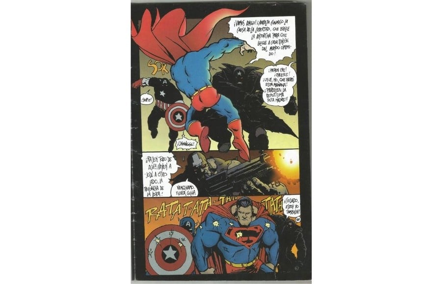 Revista Cazador de Aventuras, con la participación de un Cazador argentino (con la cruz invertida en la frente) y un Cazador yankee (con la estrella), enfrentándose a Capitán América y Superman.