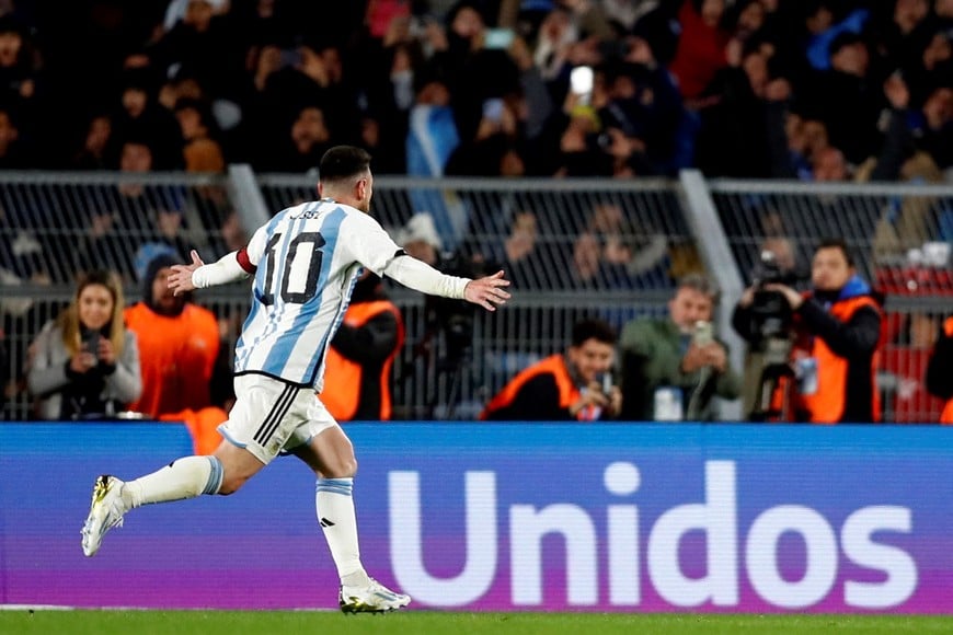 Soccer Football - World Cup - South American Qualifiers - Argentina v Ecuador - Estadio Mas Monumental, Buenos Aires, Argentina - September 7, 2023
Argentina's Lionel Messi celebrates scoring their first goal REUTERS/Agustin Marcarian