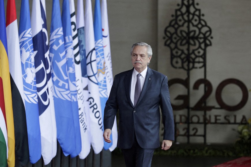 FILE PHOTO: Argentina's President Alberto Fernandez arrives for a G20 Leaders' Summit in Bali, Indonesia, 15 November 2022.  Mast Irham/Pool via REUTERS/File Photo