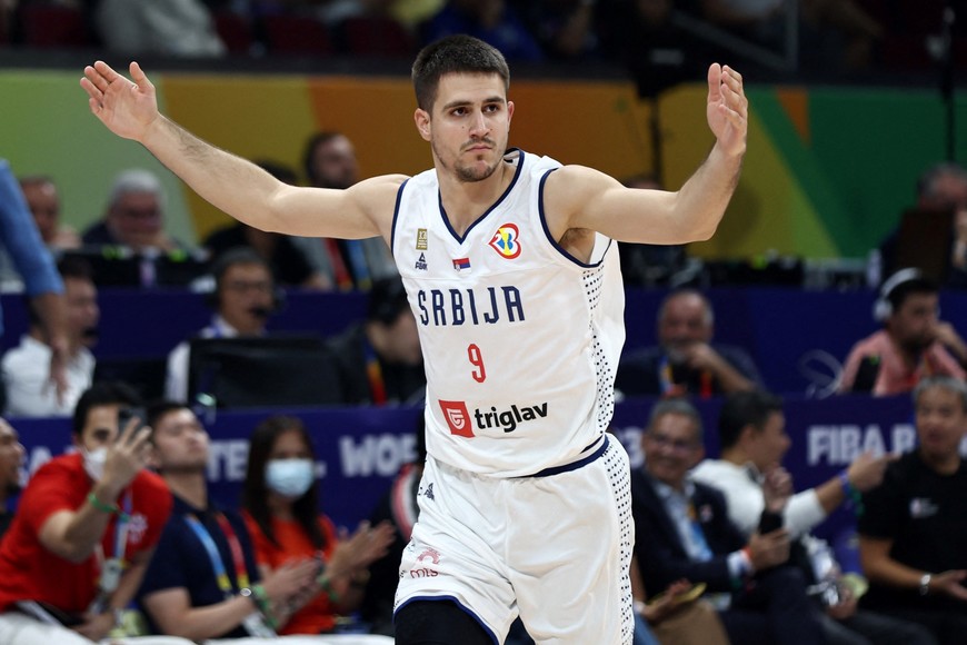 Basketball - FIBA World Cup 2023 - Semi Final - Serbia v Canada - Mall of Asia Arena, Manila, Philippines - September 8, 2023
Serbia's Vanja Marinkovic celebrates scoring a basket REUTERS/Eloisa Lopez