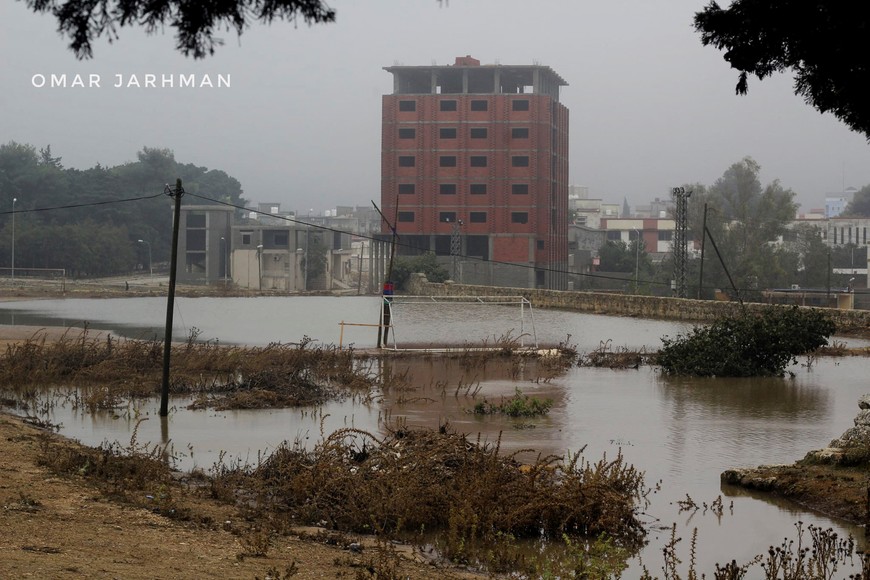 General view of a flooded road as a powerful storm and heavy rainfall flooded hit Shahhat city, Libya, September 11, 2023. REUTERS/Omar Jarhman NO RESALES. NO ARCHIVES. WATERMARK ADDED AT SOURCE.