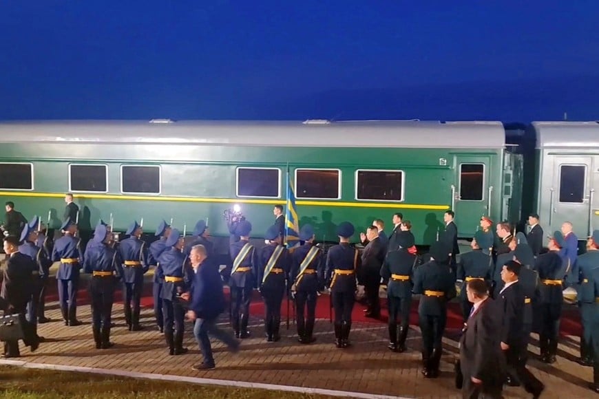 A view shows North Korean leader Kim Jong Un walking past honour guards after disembarking from his train in Khasan in the Primorsky region, Russia, in this still image from video published September 12, 2023. Courtesy Russia's Minister of Natural Resources and Environment Alexander Kozlov Telegram Channel via REUTERS ATTENTION EDITORS - THIS IMAGE WAS PROVIDED BY A THIRD PARTY. NO RESALES. NO ARCHIVES. MANDATORY CREDIT.