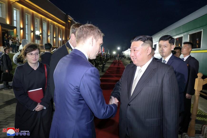 North Korean leader Kim Jong Un shakes hands with Russian Natural Resources Minister Alexander Kozlov upon arrival in Khasan, Russia, September 12, 2023, in this image released by North Korea's Korean Central News Agency on September 13, 2023.     KCNA via REUTERS    ATTENTION EDITORS - THIS IMAGE WAS PROVIDED BY A THIRD PARTY. REUTERS IS UNABLE TO INDEPENDENTLY VERIFY THIS IMAGE. NO THIRD PARTY SALES. SOUTH KOREA OUT. NO COMMERCIAL OR EDITORIAL SALES IN SOUTH KOREA.