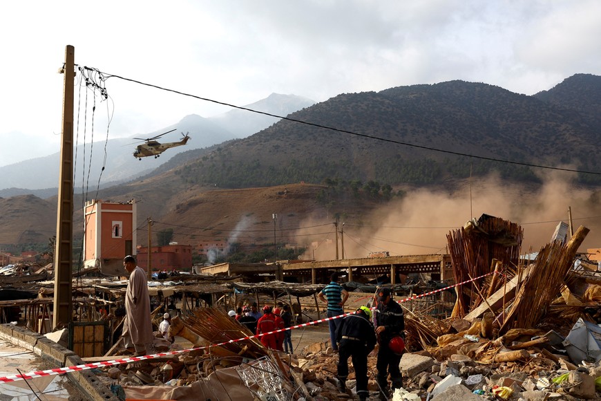 A military helicopter leaves the area in the aftermath of a deadly earthquake in Talat N'Yaaqoub, in Morocco September 12, 2023. REUTERS/Hannah McKay