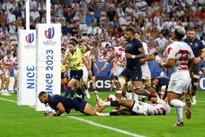 Rugby Union - Rugby World Cup 2023 - Pool D - England v Japan - Allianz Riviera, Nice, France - September 17, 2023
England's Joe Marchant scores their fourth try REUTERS/Peter Cziborra