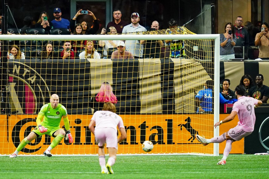 Sep 16, 2023; Atlanta, Georgia, USA; Inter Miami CF forward Leonardo Campana (9) scores a goal against Atlanta United goalkeeper Brad Guzan (1) on a penalty kick during the second half at Mercedes-Benz Stadium. Mandatory Credit: John David Mercer-USA TODAY Sports