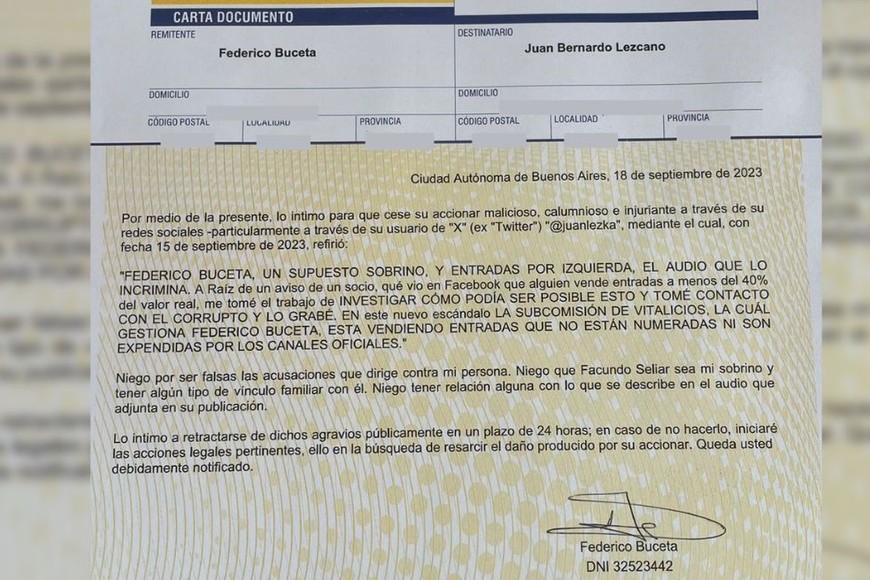 La carta documento enviada por el dirigente Federico Buceta a Juan Lezcano.