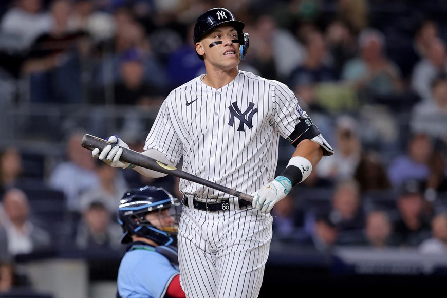 Sep 19, 2023; Bronx, New York, USA; New York Yankees right fielder Aaron Judge (99) reacts after striking out during the third inning against the Toronto Blue Jays at Yankee Stadium. Mandatory Credit: Brad Penner-USA TODAY Sports