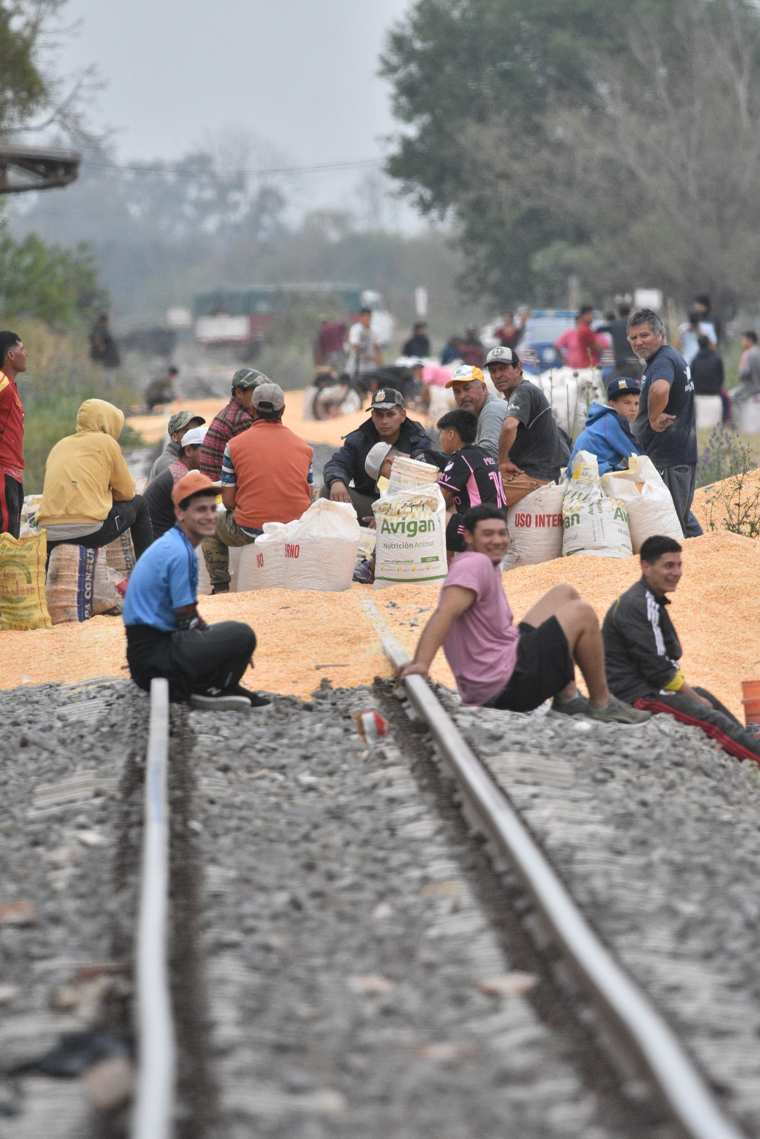 Vuelco de maíz en las vías del tren en barrio El Chaparral , la policía custodia la zona para evitar el robo