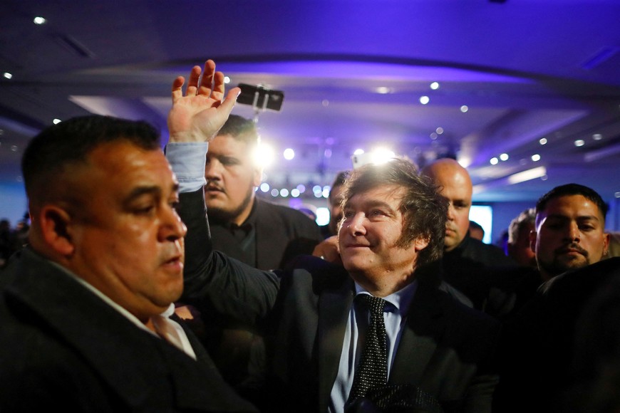 Argentine presidential candidate Javier Milei for La Libertad Avanza party waves during a campaign rally, in Buenos Aires, Argentina, September 22, 2023. REUTERS/Agustin Marcarian