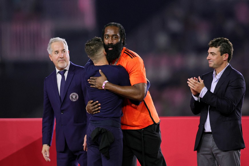 Sep 27, 2023; Fort Lauderdale, FL, USA; Houston Dynamo head coach Ben Olsen hugs minority owner and NBA player James Harden after winning the Lamar Hunt U.S. Open Cup Final against Inter Miami CF at DRV PNK Stadium. Mandatory Credit: Sam Navarro-USA TODAY Sports