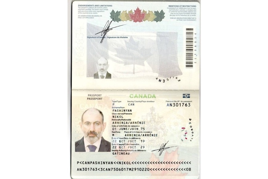El supuesto pasaporte canadiense de Nikol Pashinián.