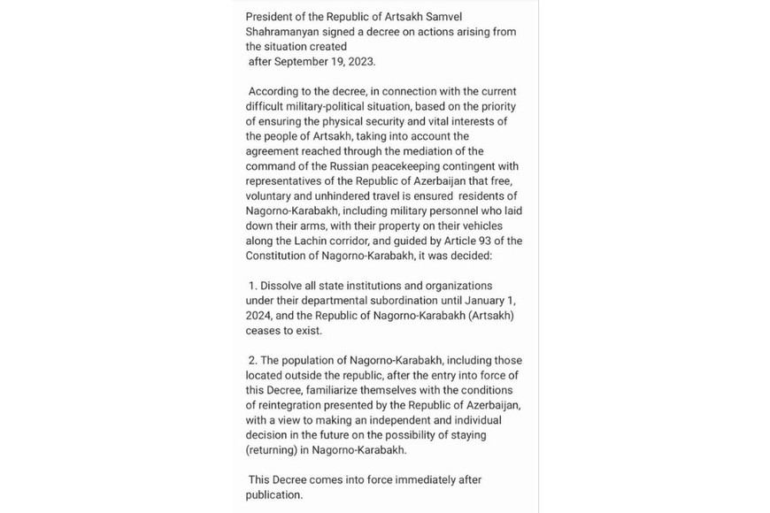 El decreto de la gestión de Artsaj, donde se define su disolución.