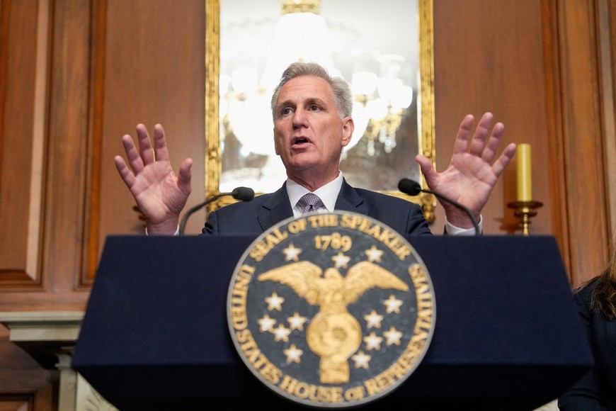 U.S. House Speaker Kevin McCarthy (R-CA) gestures as he speaks to reporters in the U.S. Capitol after the House of Representatives passed a stopgap government funding bill to avert an immediate government shutdown, on Capitol Hill in Washington, U.S. September 30, 2023.  REUTERS/ Ken Cedeno