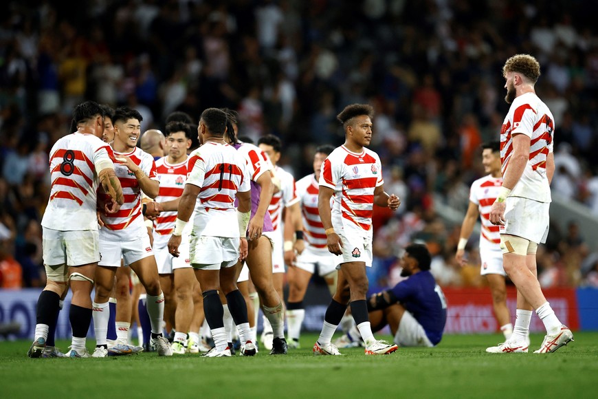 Rugby Union - Rugby World Cup 2023 - Pool D - Japan v Samoa - Stadium Municipal de Toulouse, Toulouse, France - September 28, 2023
Japan players celebrate after the match REUTERS/Stephane Mahe