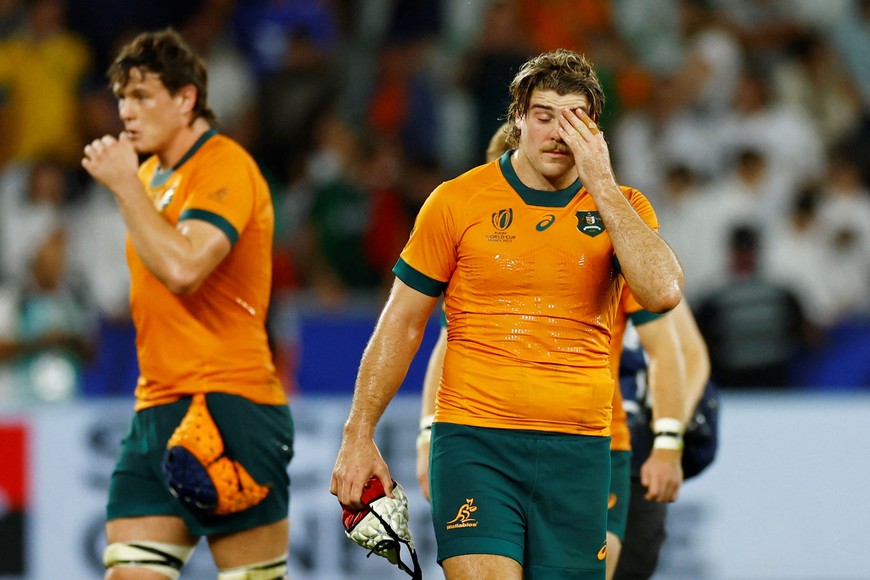 Rugby Union - Rugby World Cup 2023 - Pool C - Australia v Portugal - Stade Geoffroy-Guichard, Saint-Etienne, France - October 1, 2023 
Australia's Fraser Mcreight reacts after the match REUTERS/Gonzalo Fuentes