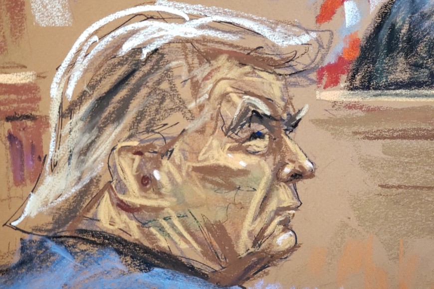 Former U.S. President Donald Trump listens to opening arguments from his lawyer Alina Habba (not seen), during the trial of Trump, his adult sons, the Trump Organization and others in a civil fraud case brought by state Attorney General Letitia James, at a Manhattan courthouse, in New York City, U.S., October 2, 2023 in this courtroom sketch. REUTERS/Jane Rosenberg