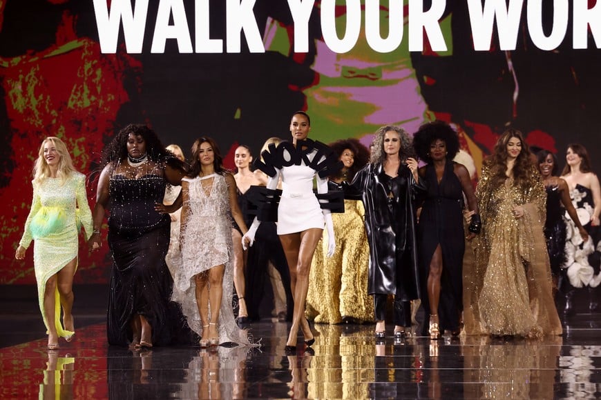 Yseult Onguenet, Eva Longoria, Cindy Bruna, Andie MacDowell, Viola Davis and Aishwarya Rai Bachchan attend a public show named "Walk Your Worth" organised by French cosmetics group L'Oreal near the Eiffel Tower as part of Paris Fashion Week, in Paris, France, October 1, 2023. REUTERS/Stephanie Lecocq