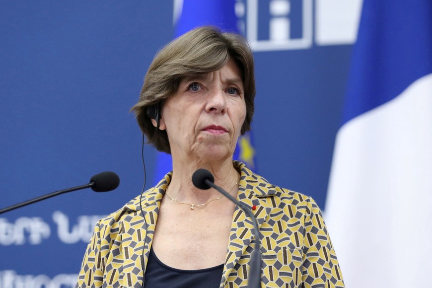 French Foreign and European Affairs Minister Catherine Colonna attends a press conference following a meeting with Armenian Foreign Minister Ararat Mirzoyan in Yerevan, Armenia October 3, 2023. Vahram Baghdasaryan/Photolure via REUTERS ATTENTION EDITORS - THIS IMAGE HAS BEEN SUPPLIED BY A THIRD PARTY.