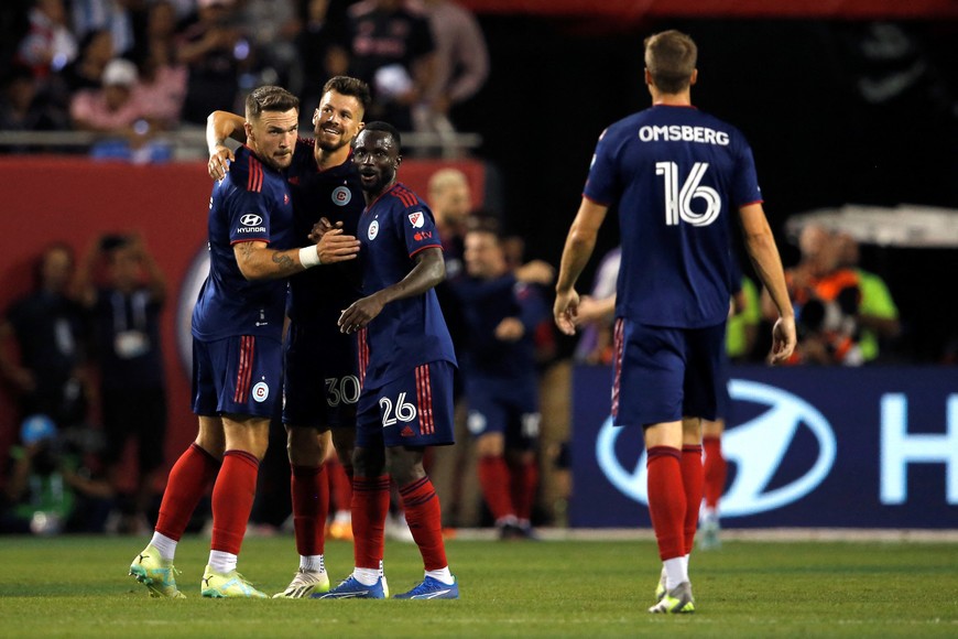 Oct 4, 2023; Chicago, Illinois, USA; Chicago Fire players celebrate after a goal scored by midfielder Xherdan Shaqiri (not pictured) against Inter Miami CF during the second half at Soldier Field. Mandatory Credit: Jon Durr-USA TODAY Sports