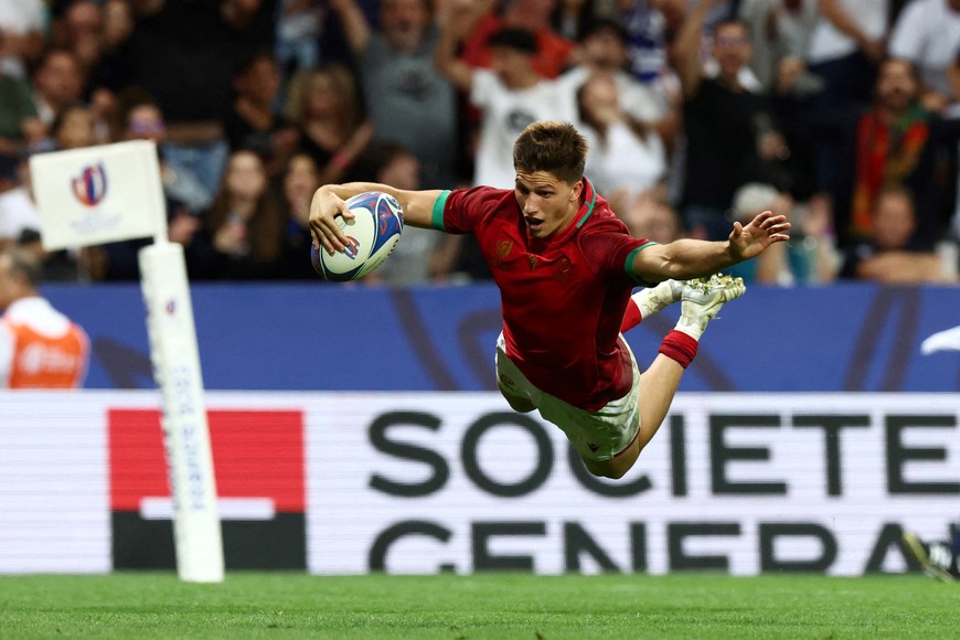 Rugby Union - Rugby World Cup 2023 - Pool C - Fiji v Portugal - Stadium de Toulouse, Toulouse, France - October 8, 2023  
Portugal's Rodrigo Marta scores their third try REUTERS/Stephanie Lecocq     TPX IMAGES OF THE DAY