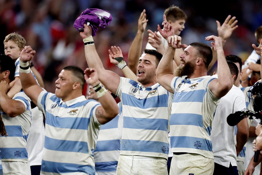 Rugby Union - Rugby World Cup 2023 - Quarter Final - Wales v Argentina - Orange Velodrome, Marseille, France - October 14, 2023 
Argentina's Facundo Isa and Marcos Kremer celebrate after the match REUTERS/Benoit Tessier