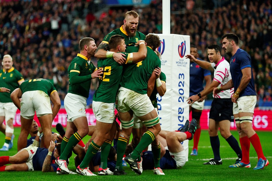 Rugby Union - Rugby World Cup 2023 - Quarter Final - France v South Africa - Stade de France, Saint-Denis, France - October 15, 2023
South Africa's Eben Etzebeth celebrates scoring their fourth try with teammates REUTERS/Gonzalo Fuentes