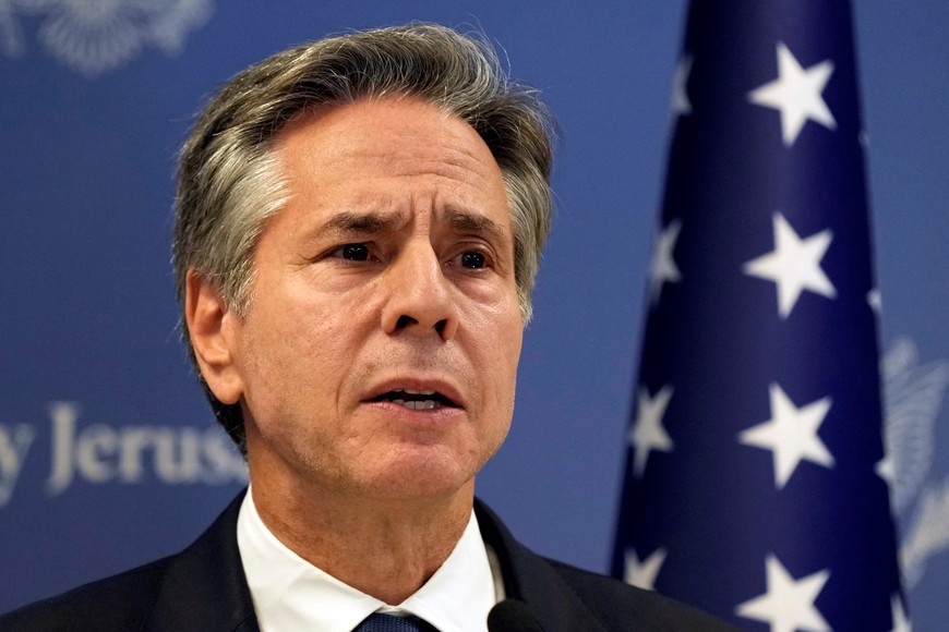 U.S. Secretary of State Antony Blinken speaks in Tel Aviv, Tuesday Oct. 17, 2023, after an overnight meeting with Israeli Prime Minister Benjamin Netanyahu.     Jacquelyn Martin/Pool via REUTERS