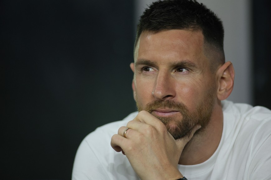 Oct 18, 2023; Fort Lauderdale, Florida, USA; Inter Miami forward Lionel Messi (10) in attendance for the match against Charlotte FC at DRV PNK Stadium. Mandatory Credit: Sam Navarro-USA TODAY Sports