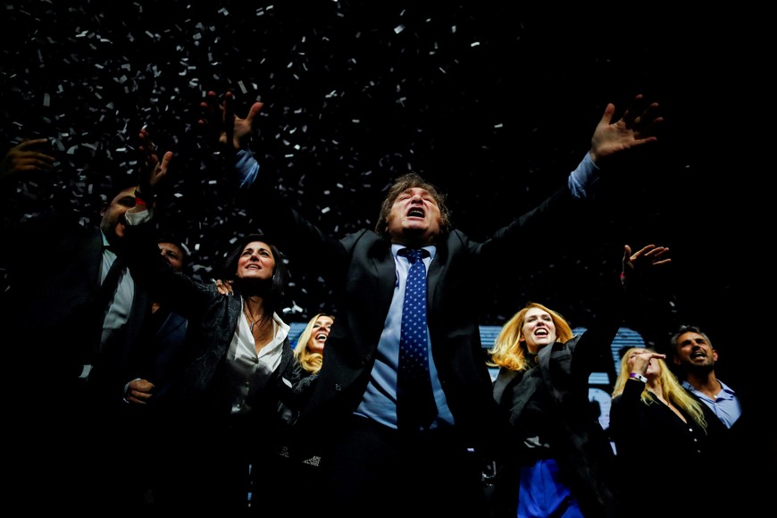 FILE PHOTO: Argentine presidential candidate Javier Milei of La Libertad Avanza alliance, reacts during the closing event of his electoral campaign ahead of the primaries, in Buenos Aires, Argentina, August 7, 2023. REUTERS/Agustin Marcarian/File Photo