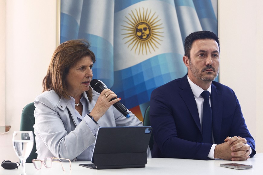 Conservative Patricia Bullrich, who finished third in the first round of Argentina's presidential election, attends a press conference next to Luis Petri, in Buenos Aires, Argentina October 25, 2023. REUTERS/Matias Baglietto